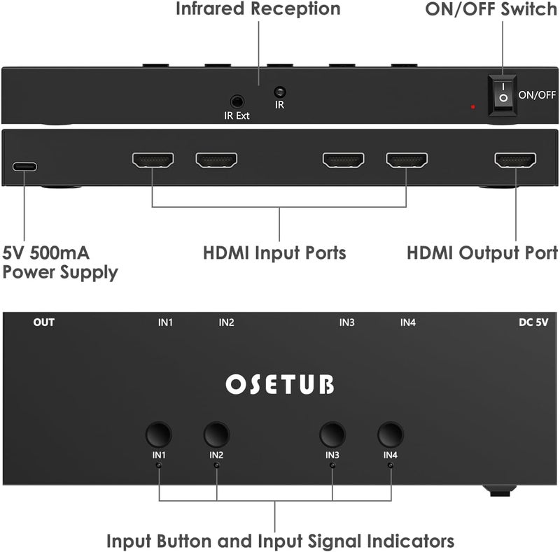 OseTub 4K@60Hz 4 in 1 Out HDMI Switch, 4 Port HDMI Switcher Selector Support HDR10 & HDCP 2.2 & Full 3D with IR Remote Control Compitable with Nintendo Switch,Xbox PS5/4,Fire Stick,Roku,Apple TV for Gaming - Image 4